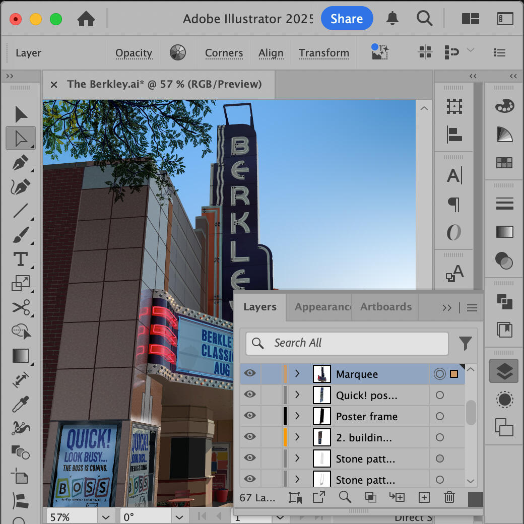Process Screenshot of a digital illustration of the Berkley Theatre open in Adobe Illustrator, showing layered artwork in progress.